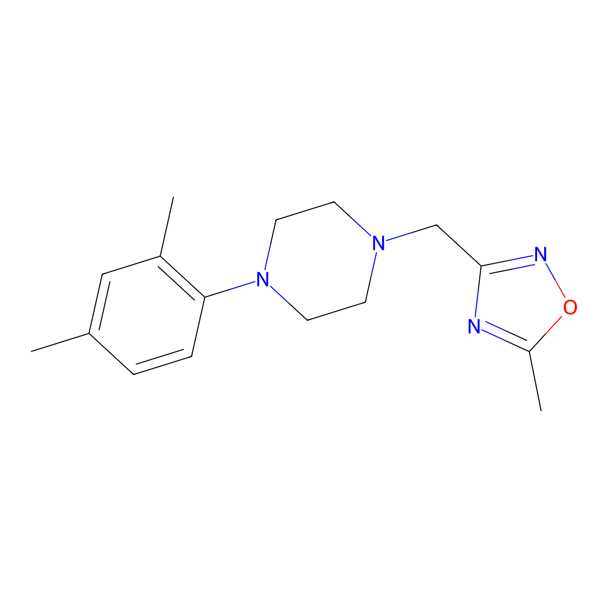 1-(2,4-Dimethylphenyl)-4-[(5-methyl-1,2,4-oxadiazol-3-yl)methyl]piperazine molecular structure, CAS 2877711-72-1