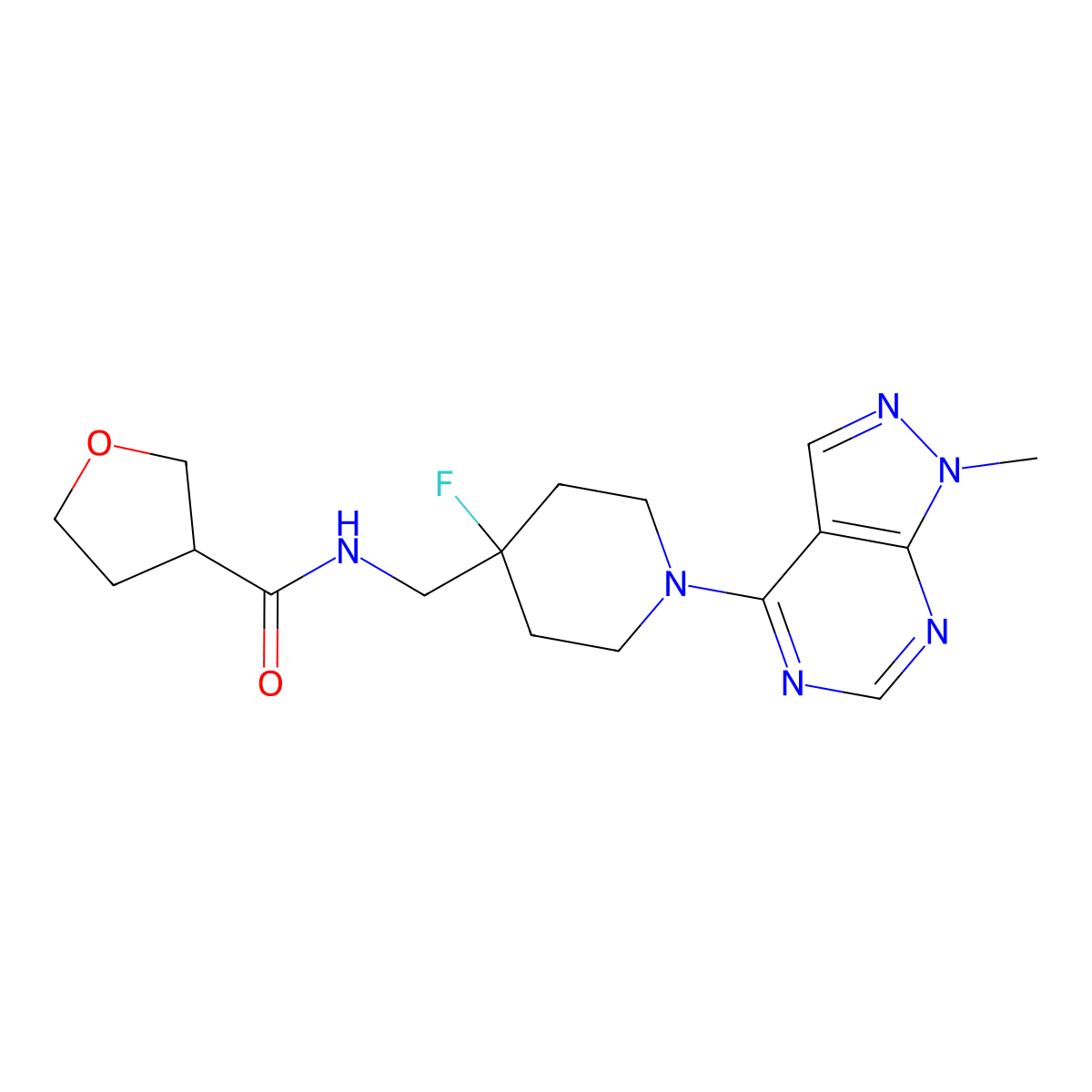 N-[(4-fluoro-1-{1-methyl-1H-pyrazolo[3,4-d]pyrimidin-4-yl}piperidin-4-yl)methyl]oxolane-3-carboxamide molecular structure, CAS 2877711-83-4
