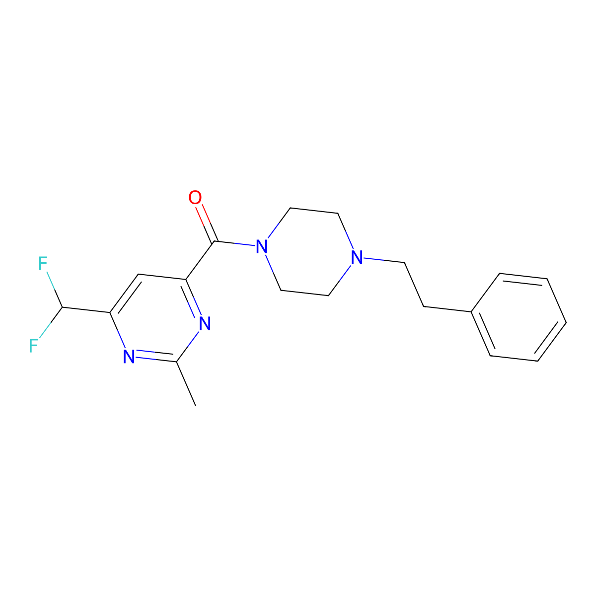 4-(Difluoromethyl)-2-methyl-6-[4-(2-phenylethyl)piperazine-1-carbonyl]pyrimidine molecular structure, CAS 2877711-87-8