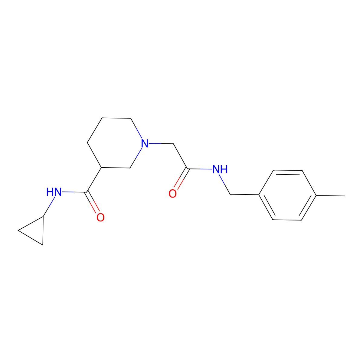 N-cyclopropyl-1-({[(4-methylphenyl)methyl]carbamoyl}methyl)piperidine-3-carboxamide molecular structure, CAS 2877711-92-5