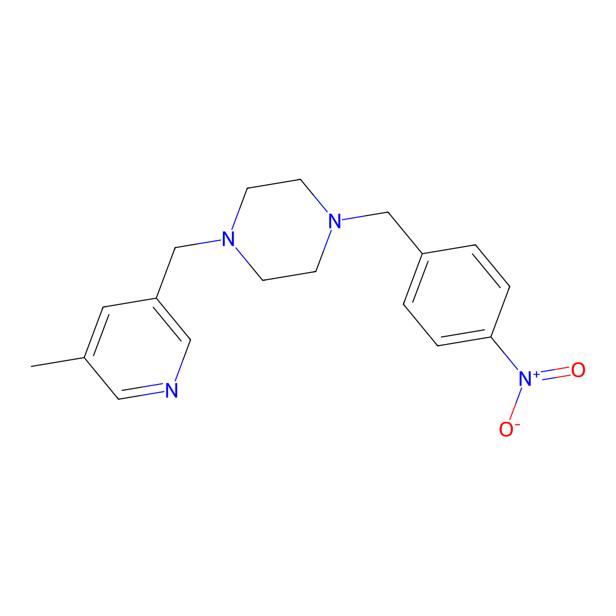 1-[(5-Methylpyridin-3-yl)methyl]-4-[(4-nitrophenyl)methyl]piperazine molecular structure, CAS 2877711-93-6
