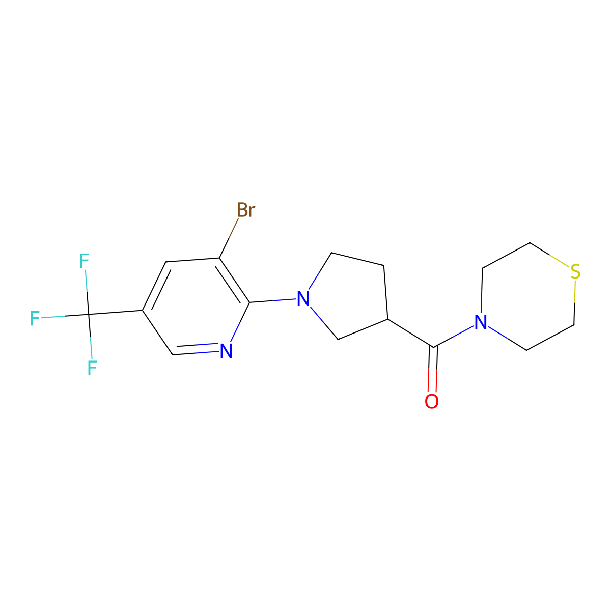 4-{1-[3-Bromo-5-(trifluoromethyl)pyridin-2-yl]pyrrolidine-3-carbonyl}thiomorpholine molecular structure, CAS 2877717-78-5