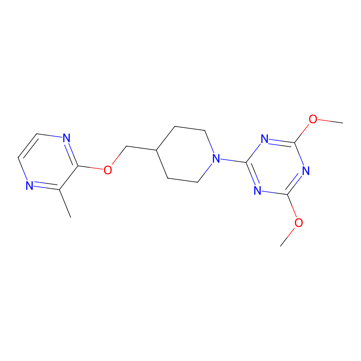2,4-Dimethoxy-6-(4-{[(3-methylpyrazin-2-yl)oxy]methyl}piperidin-1-yl)-1,3,5-triazine molecular structure, CAS 2877717-99-0