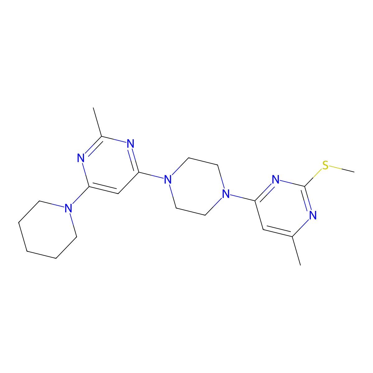2-Methyl-4-{4-[6-methyl-2-(methylsulfanyl)pyrimidin-4-yl]piperazin-1-yl}-6-(piperidin-1-yl)pyrimidine molecular structure, CAS 2877718-00-6