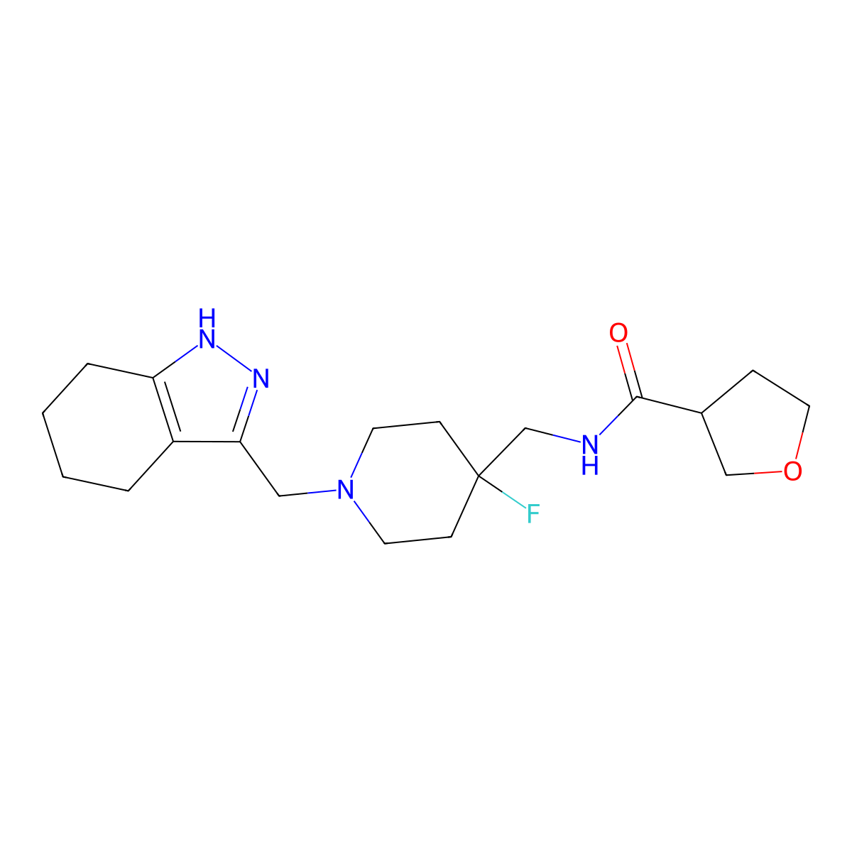 N-({4-fluoro-1-[(4,5,6,7-tetrahydro-1H-indazol-3-yl)methyl]piperidin-4-yl}methyl)oxolane-3-carboxamide molecular structure, CAS 2877718-02-8