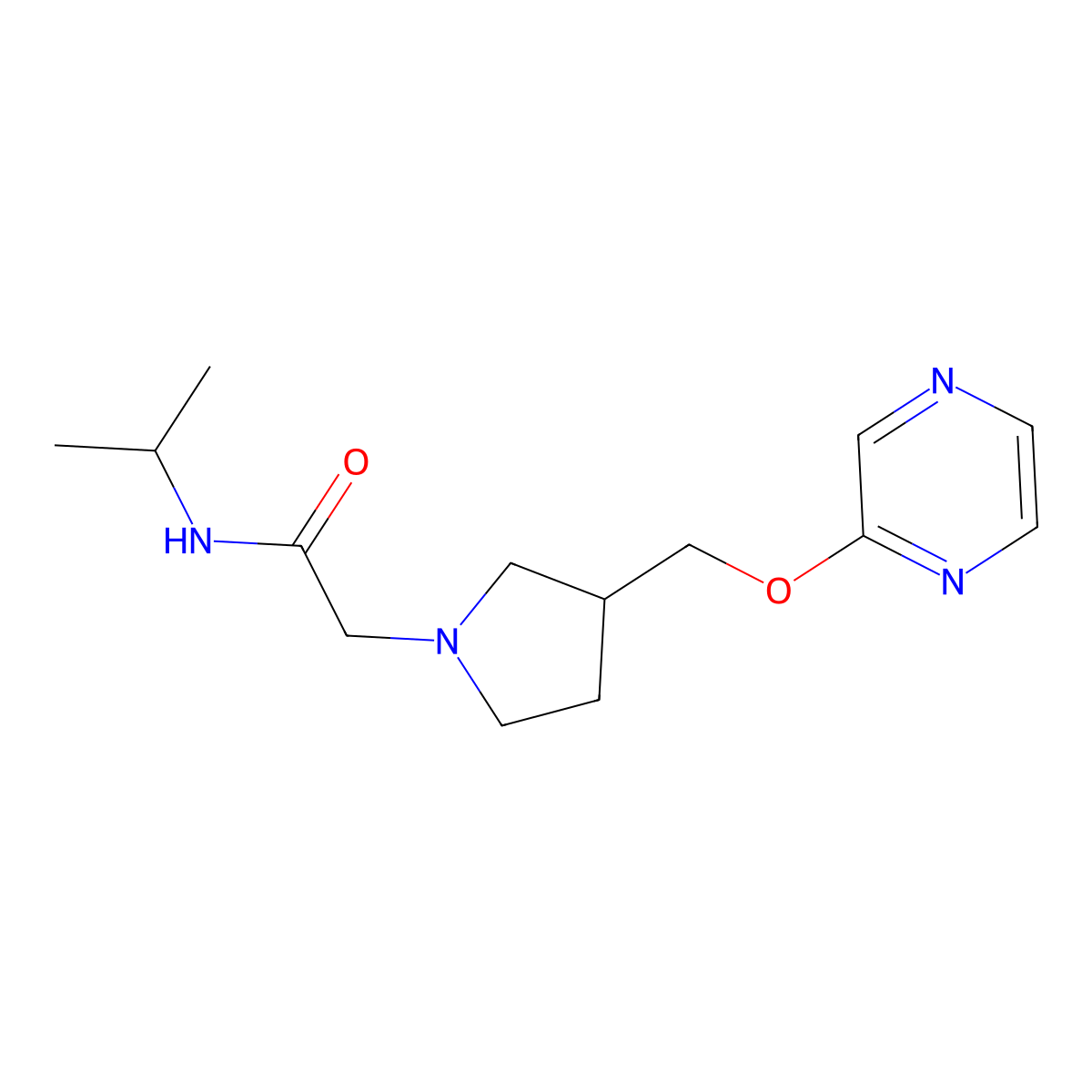 N-(propan-2-yl)-2-{3-[(pyrazin-2-yloxy)methyl]pyrrolidin-1-yl}acetamide molecular structure, CAS 2877718-16-4