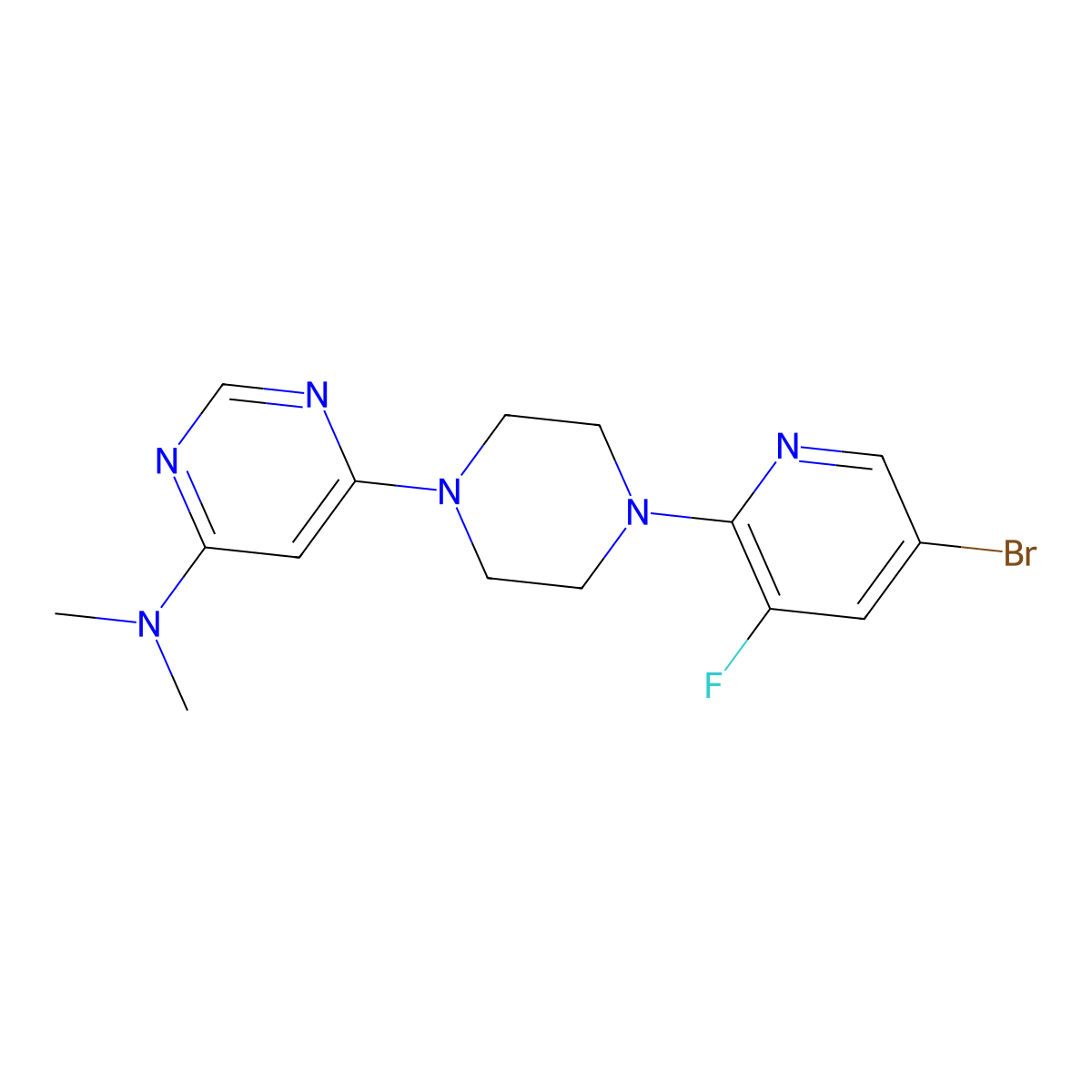 6-[4-(5-bromo-3-fluoropyridin-2-yl)piperazin-1-yl]-N,N-dimethylpyrimidin-4-amine molecular structure, CAS 2877718-19-7