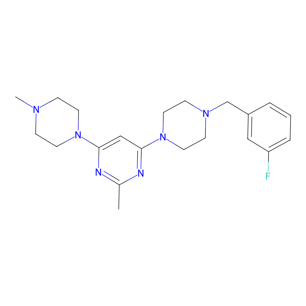 4-{4-[(3-Fluorophenyl)methyl]piperazin-1-yl}-2-methyl-6-(4-methylpiperazin-1-yl)pyrimidine molecular structure, CAS 2877718-30-2