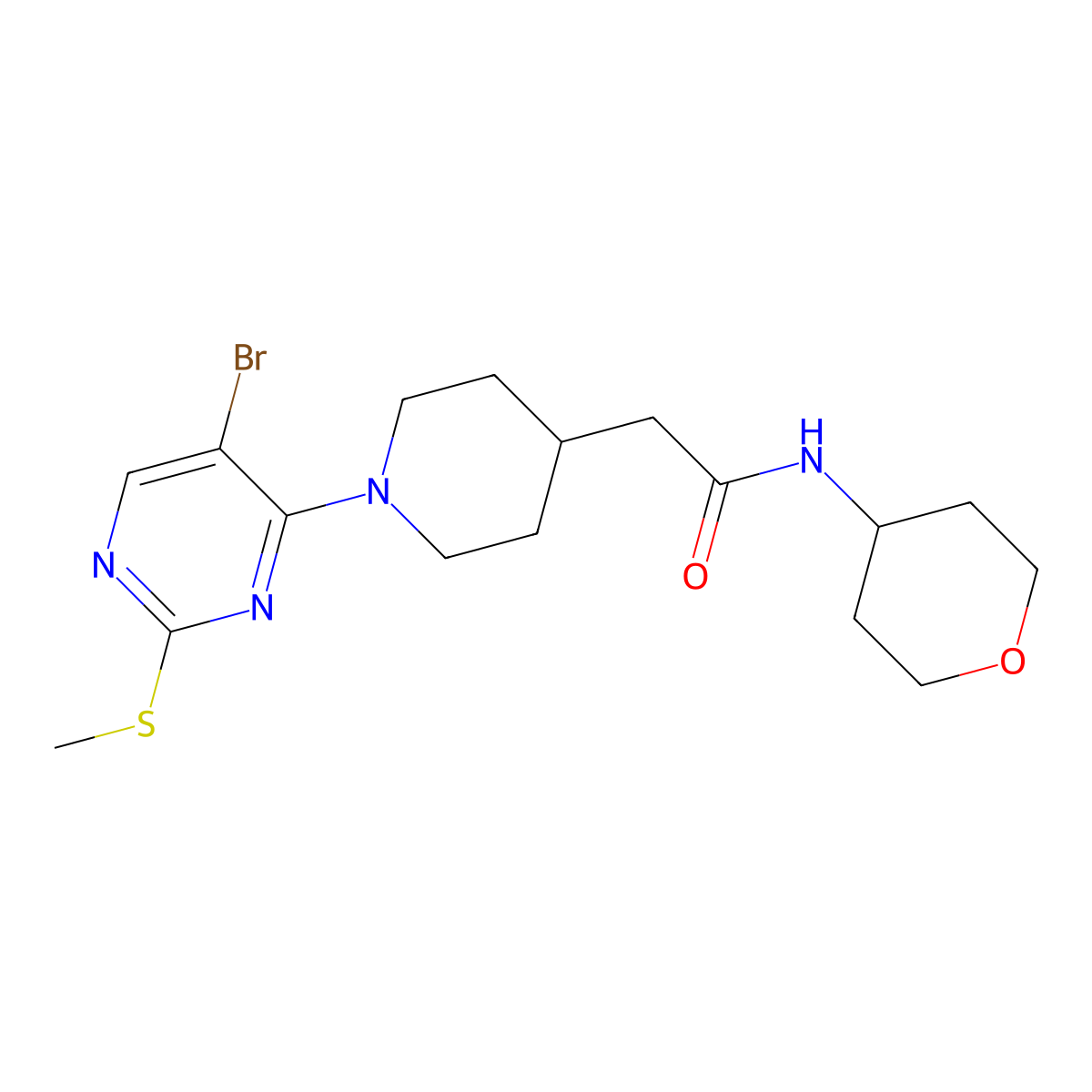 2-{1-[5-bromo-2-(methylsulfanyl)pyrimidin-4-yl]piperidin-4-yl}-N-(oxan-4-yl)acetamide molecular structure, CAS 2877718-31-3