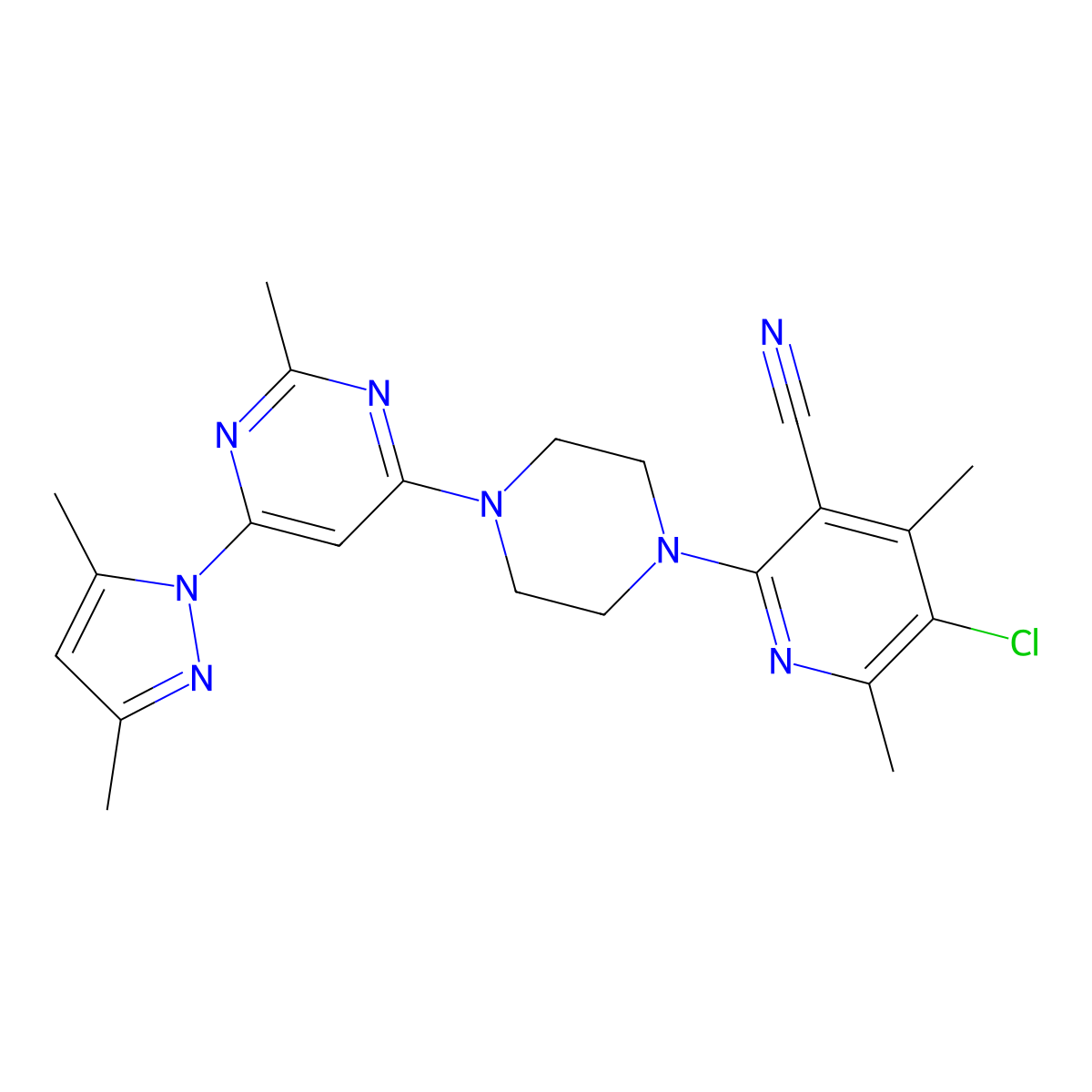 5-chloro-2-{4-[6-(3,5-dimethyl-1H-pyrazol-1-yl)-2-methylpyrimidin-4-yl]piperazin-1-yl}-4,6-dimethylpyridine-3-carbonitrile molecular structure, CAS 2877718-35-7