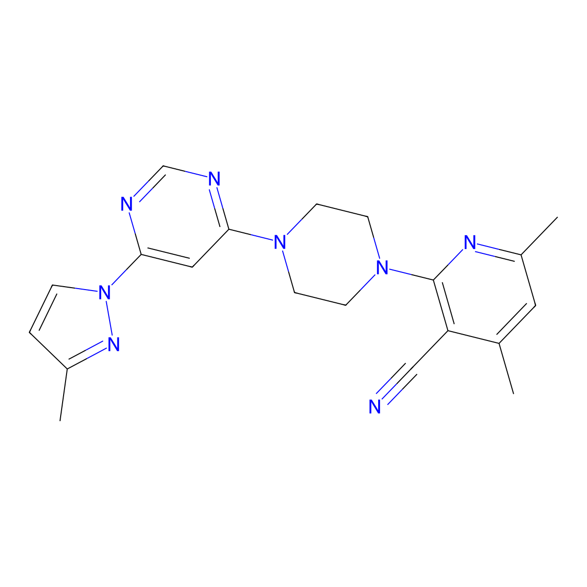 4,6-dimethyl-2-{4-[6-(3-methyl-1H-pyrazol-1-yl)pyrimidin-4-yl]piperazin-1-yl}pyridine-3-carbonitrile molecular structure, CAS 2877718-39-1