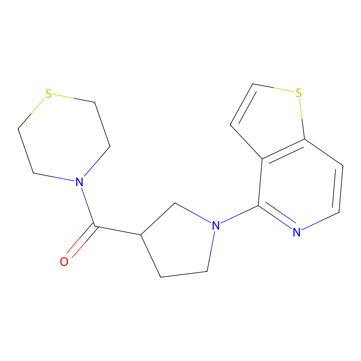 4-(1-{Thieno[3,2-c]pyridin-4-yl}pyrrolidine-3-carbonyl)thiomorpholine molecular structure, CAS 2877718-41-5