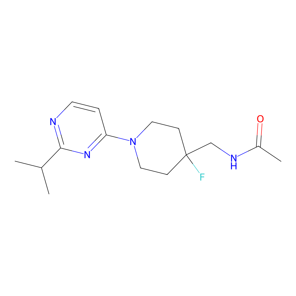 N-({4-fluoro-1-[2-(propan-2-yl)pyrimidin-4-yl]piperidin-4-yl}methyl)acetamide molecular structure, CAS 2877718-48-2