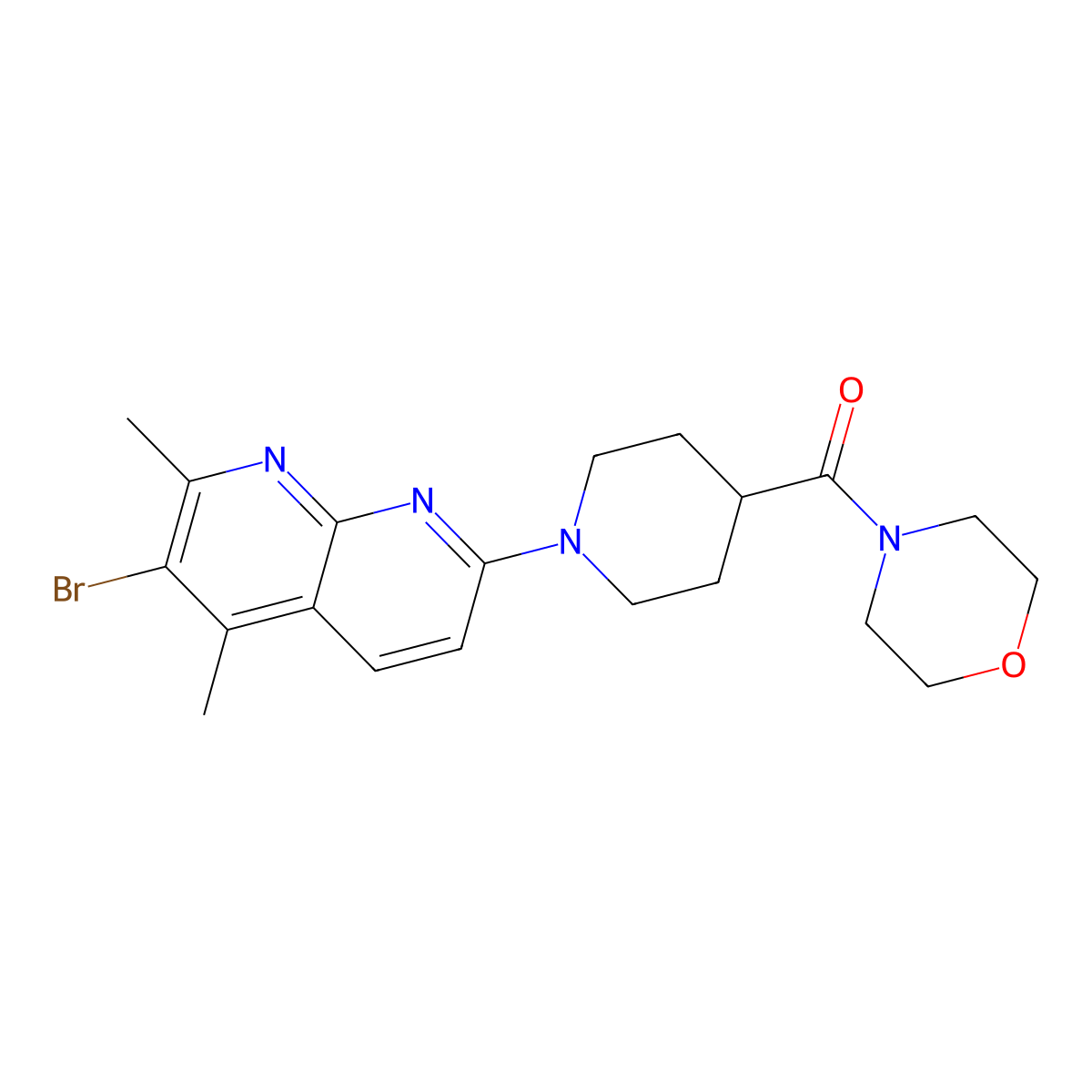 3-Bromo-2,4-dimethyl-7-[4-(morpholine-4-carbonyl)piperidin-1-yl]-1,8-naphthyridine molecular structure, CAS 2877718-51-7
