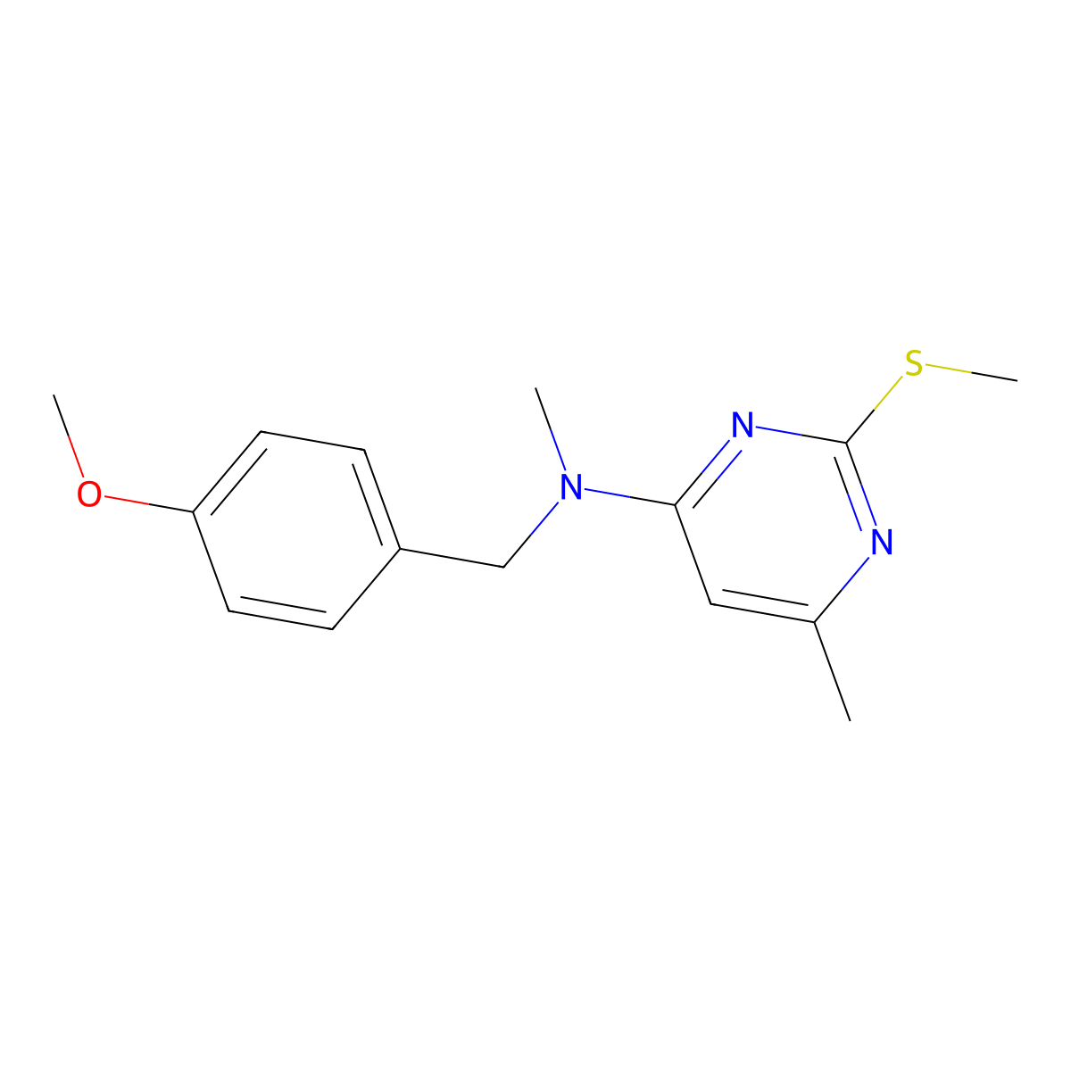N-[(4-methoxyphenyl)methyl]-N,6-dimethyl-2-(methylsulfanyl)pyrimidin-4-amine molecular structure, CAS 2877718-53-9