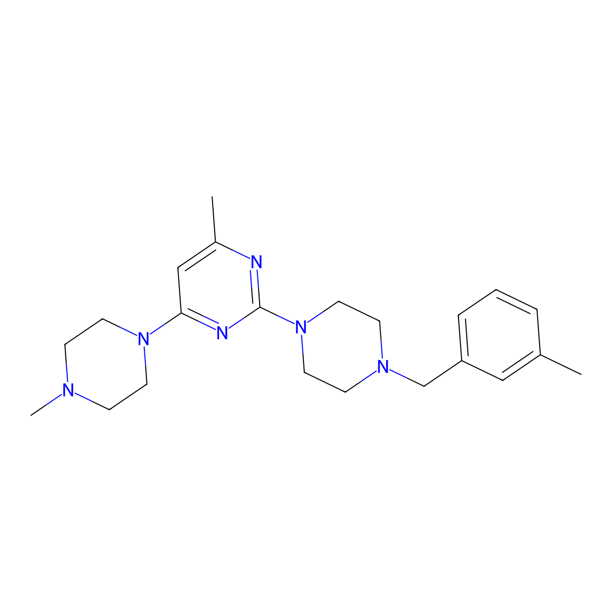 4-Methyl-2-{4-[(3-methylphenyl)methyl]piperazin-1-yl}-6-(4-methylpiperazin-1-yl)pyrimidine molecular structure, CAS 2877718-61-9