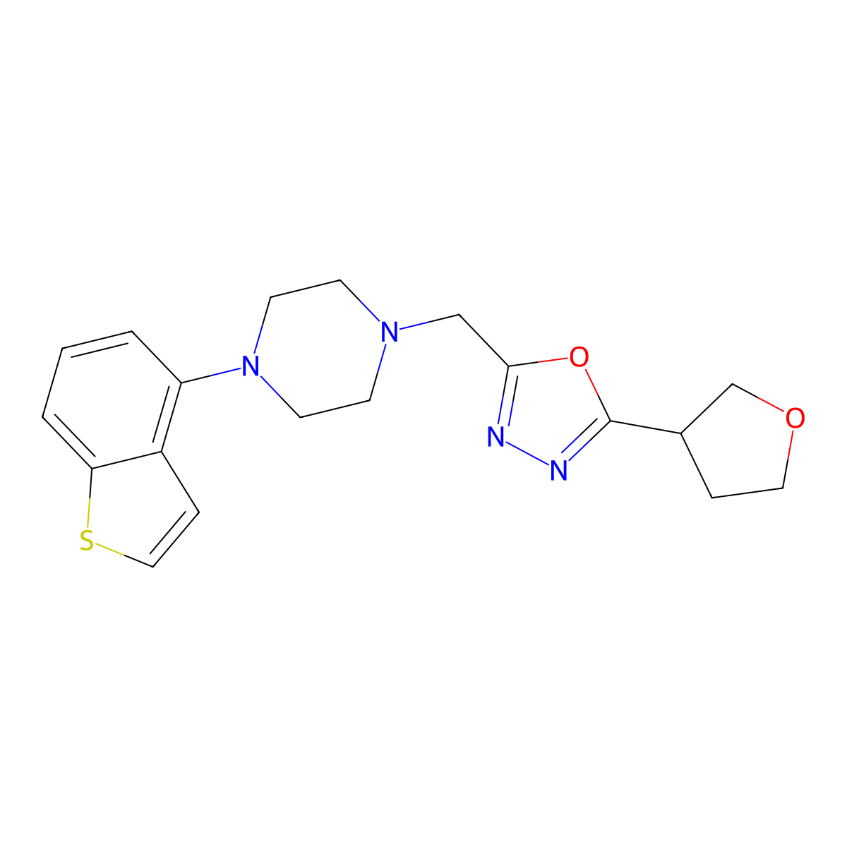 1-(1-Benzothiophen-4-yl)-4-{[5-(oxolan-3-yl)-1,3,4-oxadiazol-2-yl]methyl}piperazine molecular structure, CAS 2877718-63-1