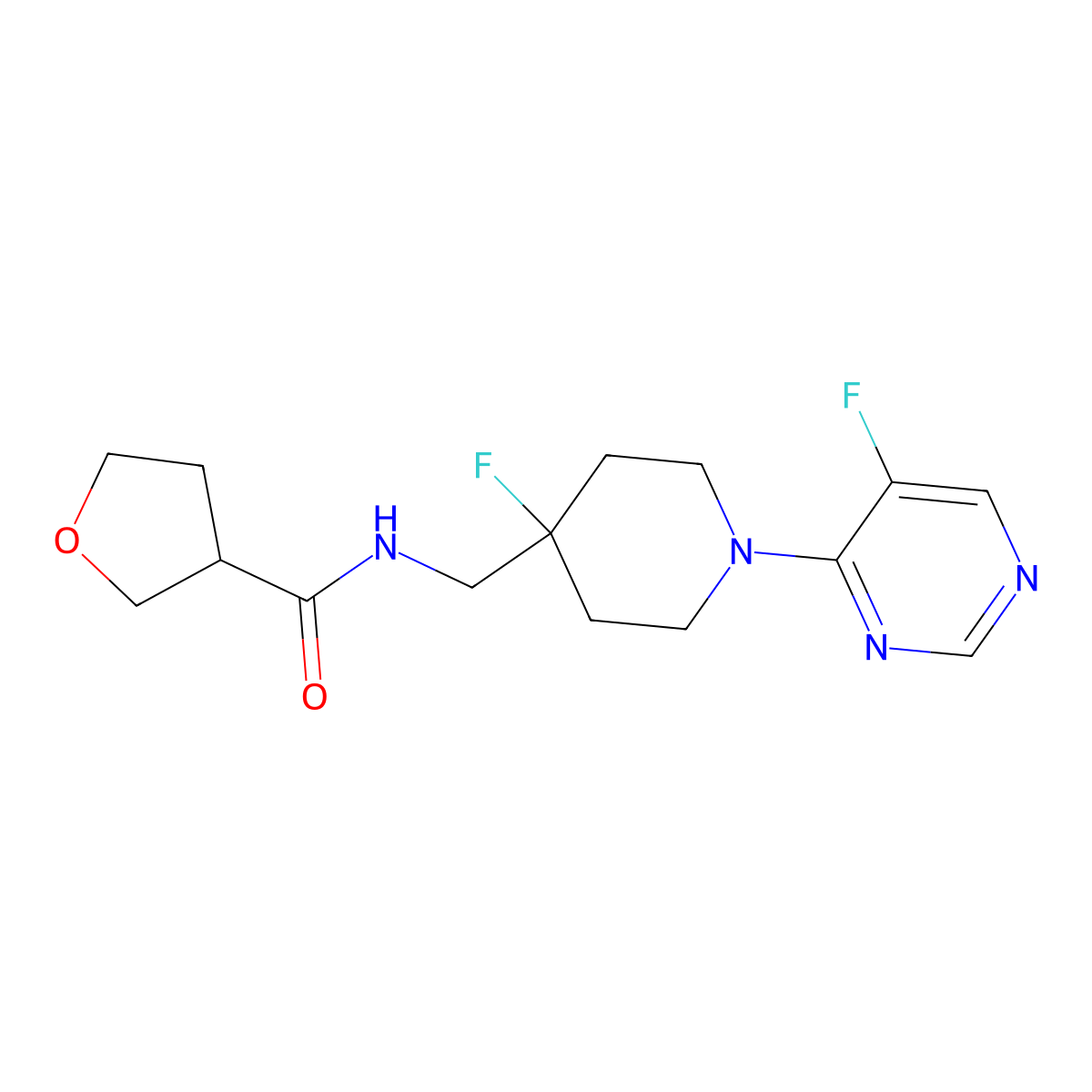 N-{[4-fluoro-1-(5-fluoropyrimidin-4-yl)piperidin-4-yl]methyl}oxolane-3-carboxamide molecular structure, CAS 2877718-64-2
