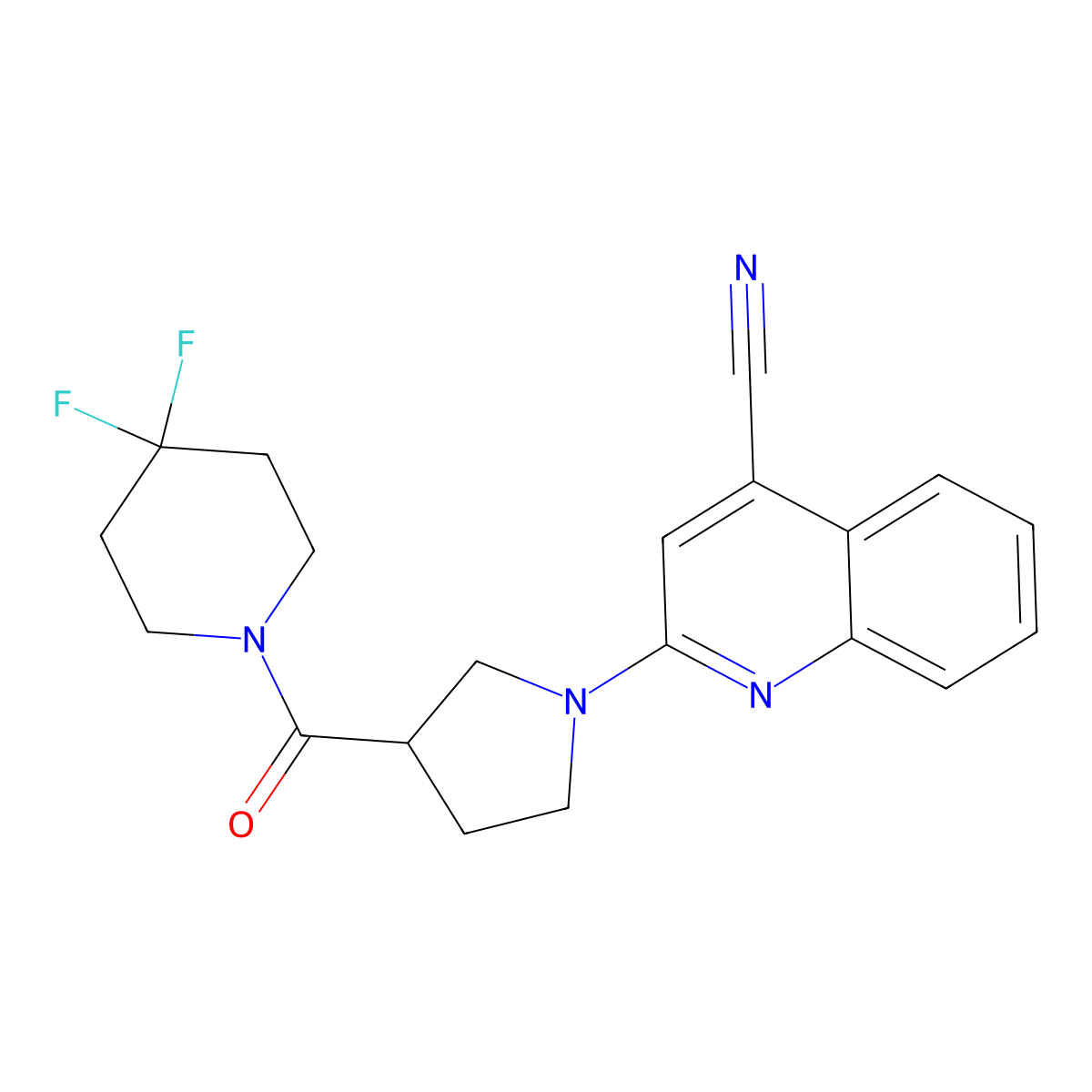 2-[3-(4,4-Difluoropiperidine-1-carbonyl)pyrrolidin-1-yl]quinoline-4-carbonitrile molecular structure, CAS 2877718-68-6