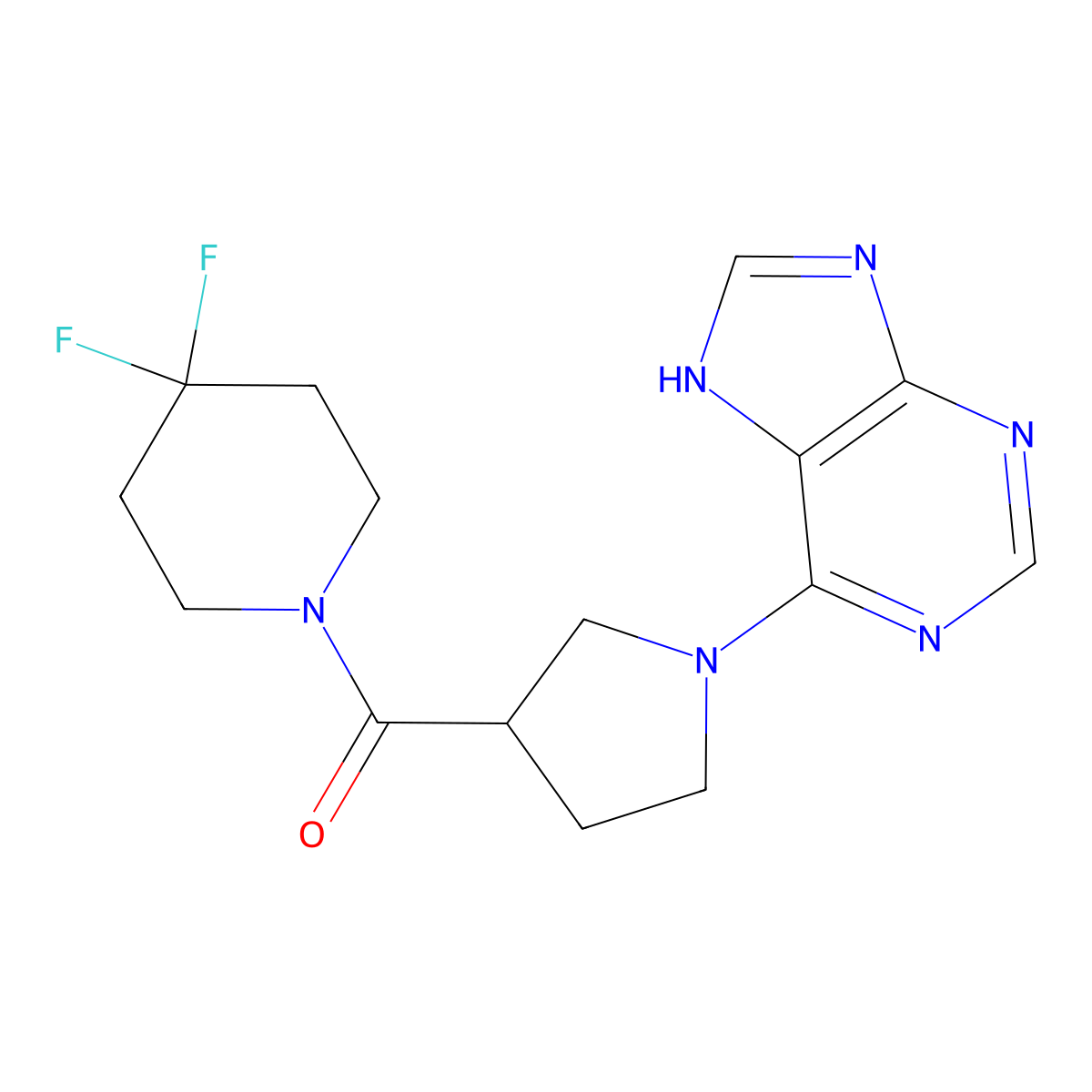 6-[3-(4,4-difluoropiperidine-1-carbonyl)pyrrolidin-1-yl]-9H-purine molecular structure, CAS 2877718-79-9