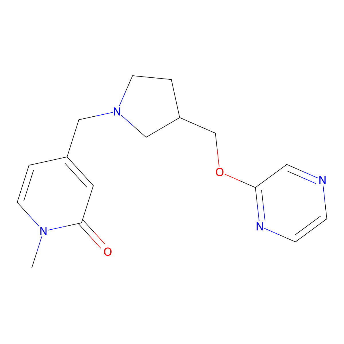 1-Methyl-4-({3-[(pyrazin-2-yloxy)methyl]pyrrolidin-1-yl}methyl)-1,2-dihydropyridin-2-one molecular structure, CAS 2877718-81-3