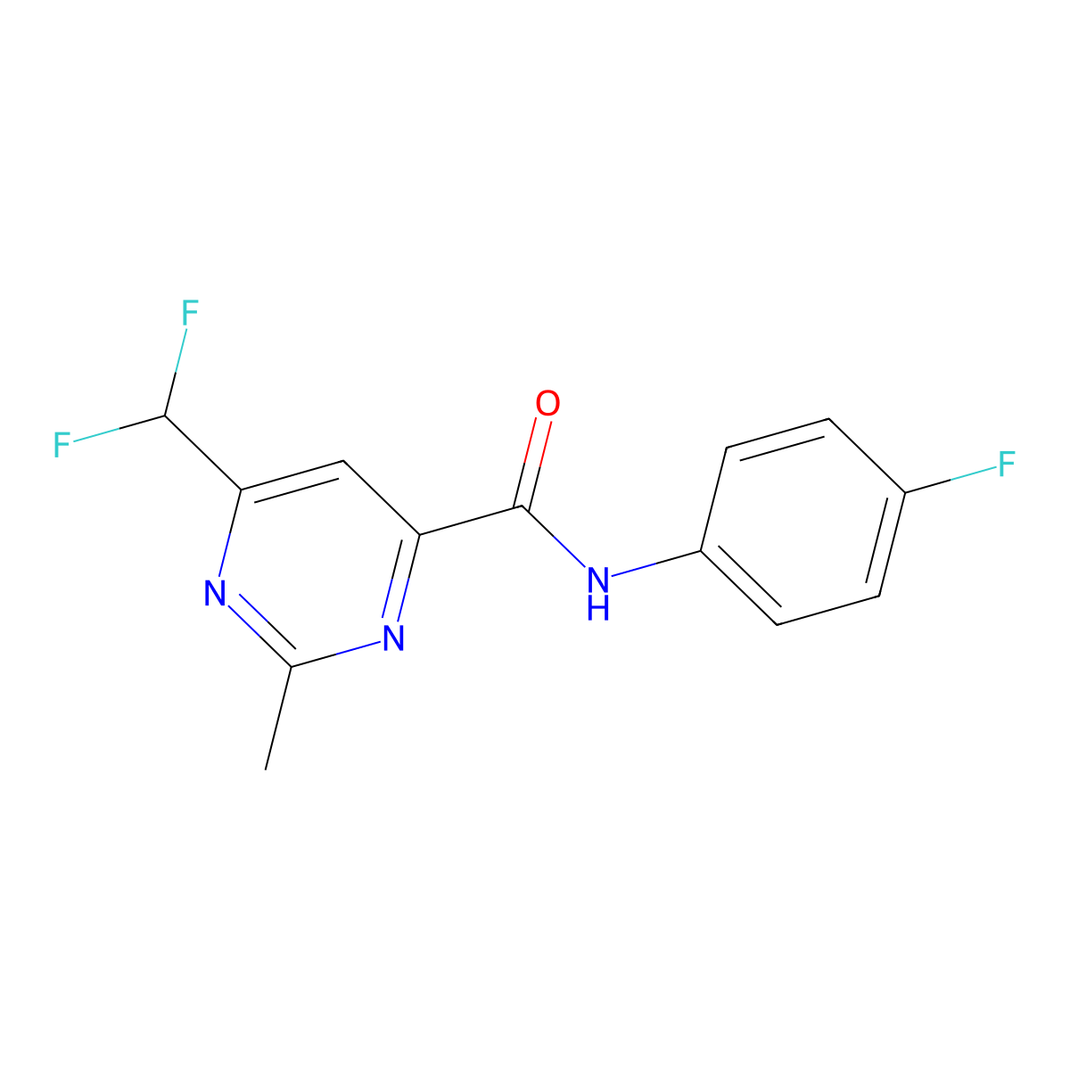 6-(difluoromethyl)-N-(4-fluorophenyl)-2-methylpyrimidine-4-carboxamide molecular structure, CAS 2877718-83-5