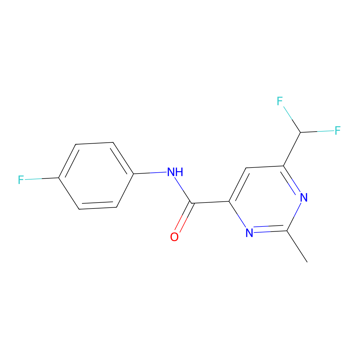 6-(difluoromethyl)-N-(4-fluorophenyl)-2-methylpyrimidine-4-carboxamide molecular structure, CAS 2877718-83-5