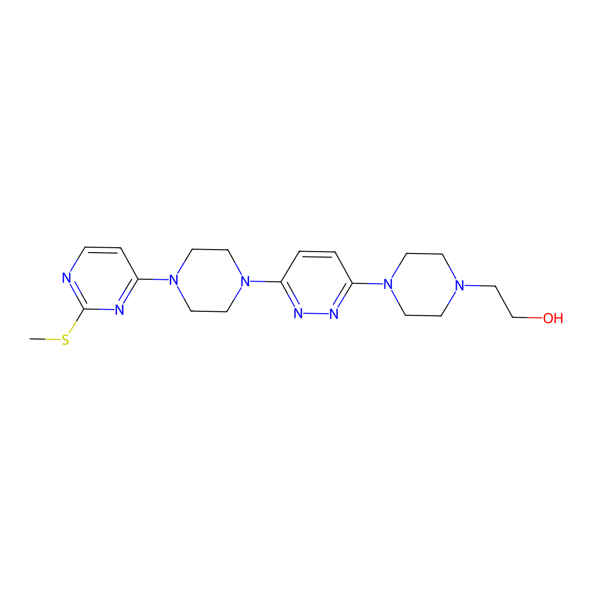2-[4-(6-{4-[2-(Methylsulfanyl)pyrimidin-4-yl]piperazin-1-yl}pyridazin-3-yl)piperazin-1-yl]ethan-1-ol molecular structure, CAS 2877718-84-6