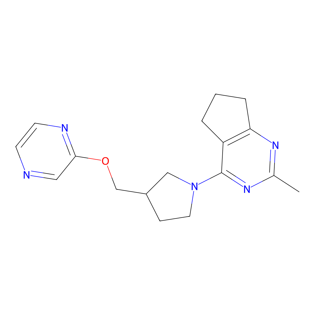 2-[(1-{2-methyl-5H,6H,7H-cyclopenta[d]pyrimidin-4-yl}pyrrolidin-3-yl)methoxy]pyrazine molecular structure, CAS 2877718-88-0