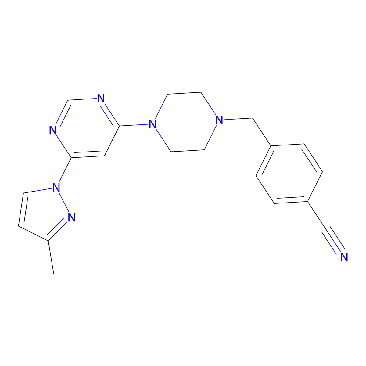 4-({4-[6-(3-methyl-1H-pyrazol-1-yl)pyrimidin-4-yl]piperazin-1-yl}methyl)benzonitrile molecular structure, CAS 2877718-91-5