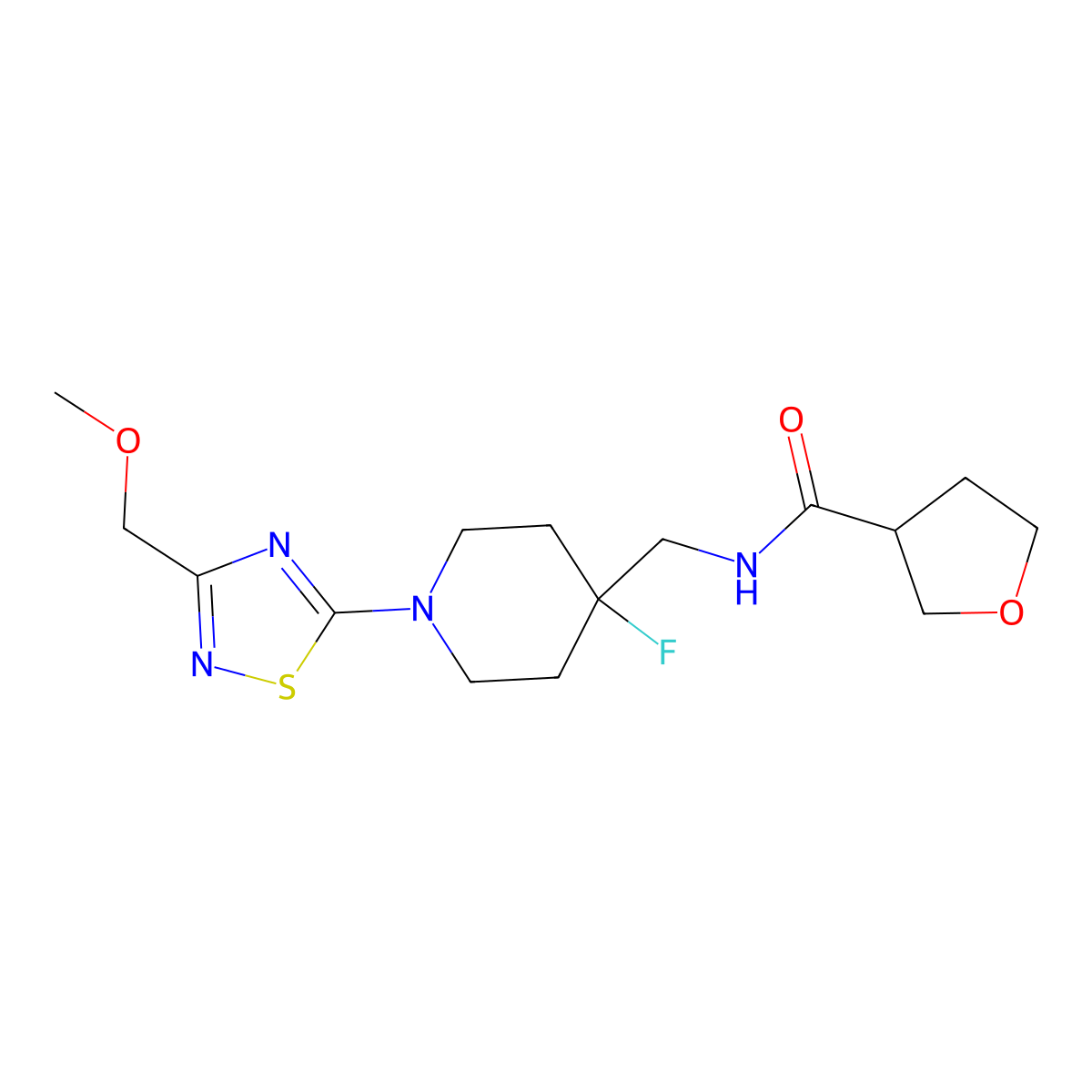 N-({4-fluoro-1-[3-(methoxymethyl)-1,2,4-thiadiazol-5-yl]piperidin-4-yl}methyl)oxolane-3-carboxamide molecular structure, CAS 2877718-98-2