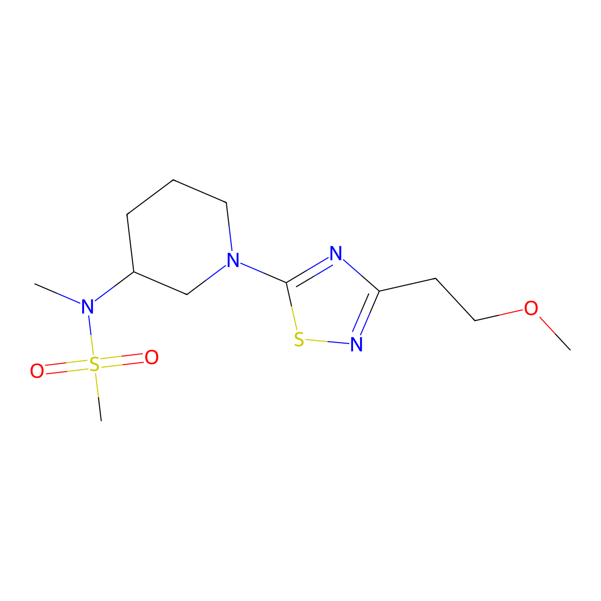 N-{1-[3-(2-methoxyethyl)-1,2,4-thiadiazol-5-yl]piperidin-3-yl}-N-methylmethanesulfonamide molecular structure, CAS 2877719-02-1