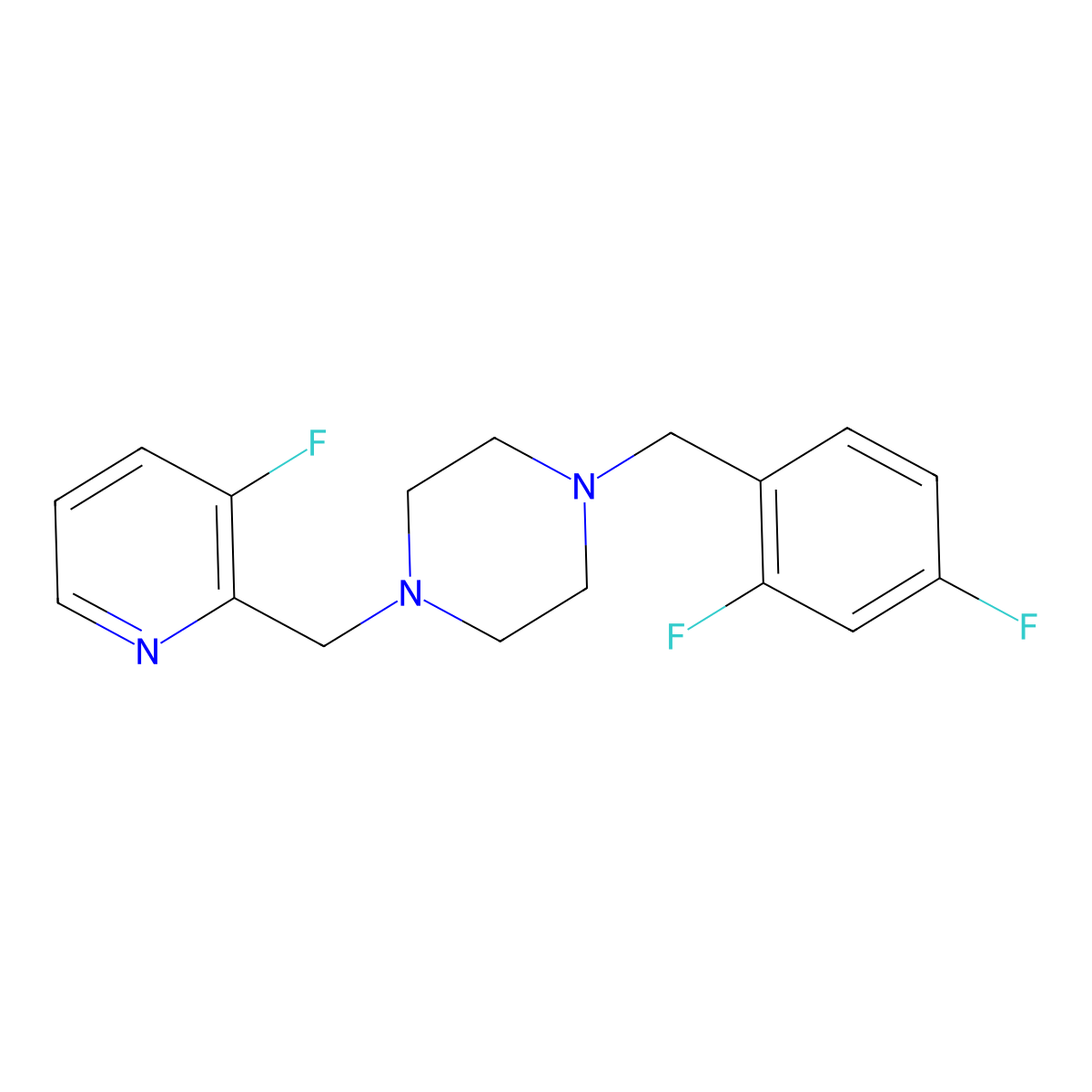 1-[(2,4-Difluorophenyl)methyl]-4-[(3-fluoropyridin-2-yl)methyl]piperazine molecular structure, CAS 2877719-05-4