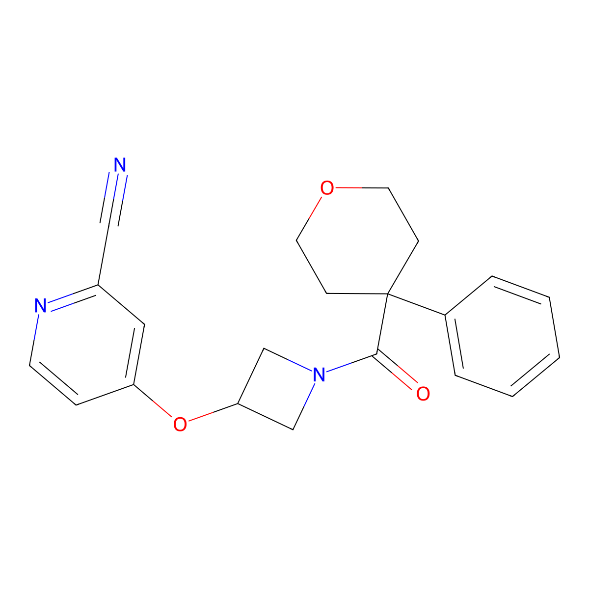 4-{[1-(4-Phenyloxane-4-carbonyl)azetidin-3-yl]oxy}pyridine-2-carbonitrile molecular structure, CAS 2877719-08-7