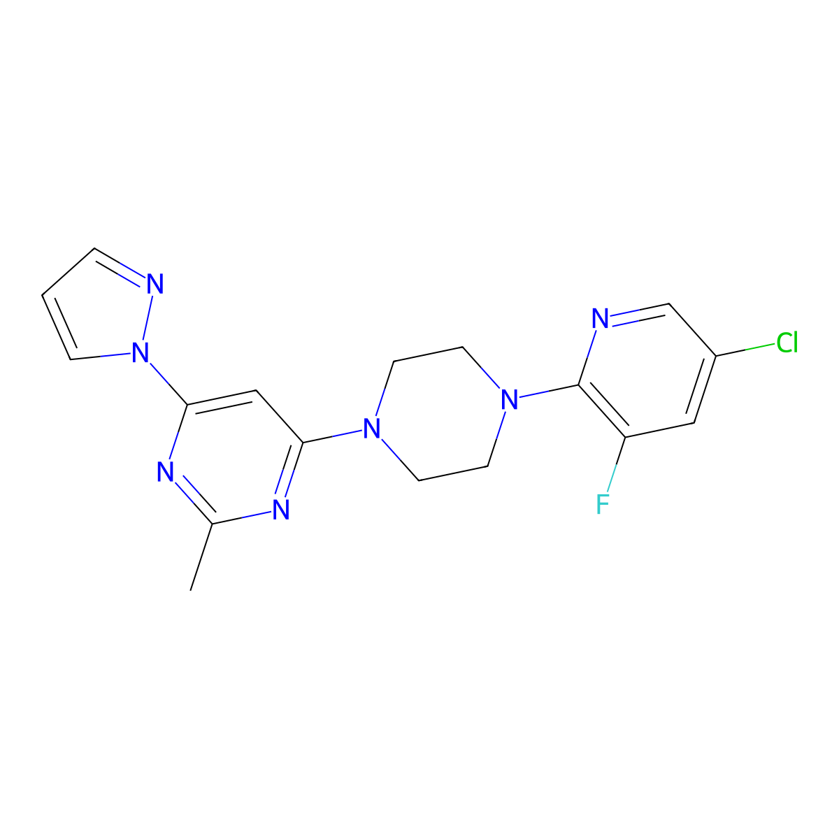 4-[4-(5-chloro-3-fluoropyridin-2-yl)piperazin-1-yl]-2-methyl-6-(1H-pyrazol-1-yl)pyrimidine molecular structure, CAS 2877719-09-8