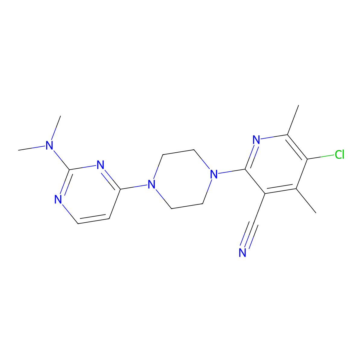 5-Chloro-2-{4-[2-(dimethylamino)pyrimidin-4-yl]piperazin-1-yl}-4,6-dimethylpyridine-3-carbonitrile molecular structure, CAS 2877719-11-2