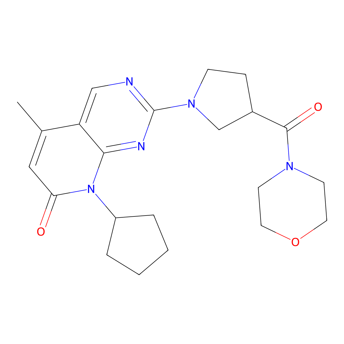 8-cyclopentyl-5-methyl-2-[3-(morpholine-4-carbonyl)pyrrolidin-1-yl]-7H,8H-pyrido[2,3-d]pyrimidin-7-one molecular structure, CAS 2877719-12-3