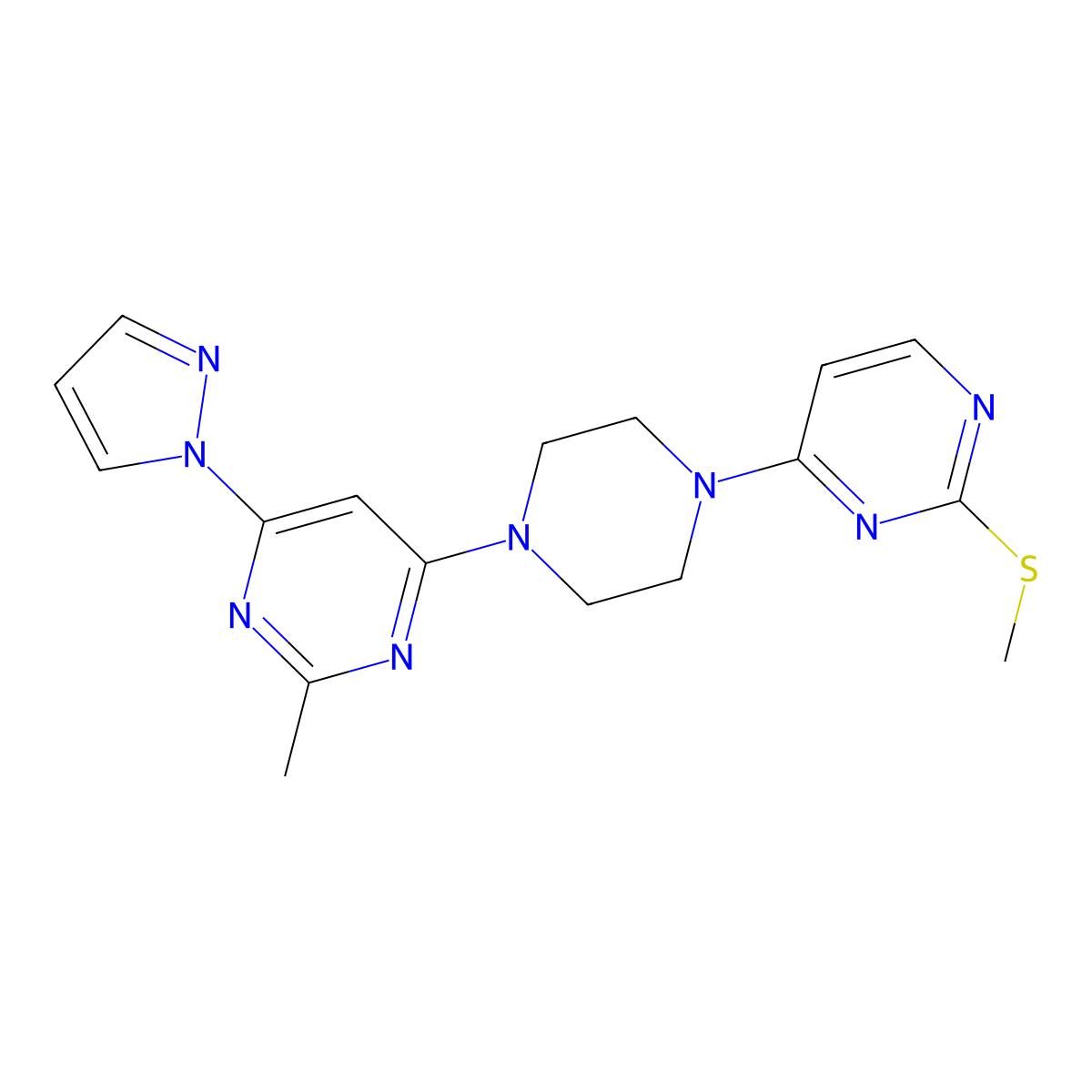 2-methyl-4-{4-[2-(methylsulfanyl)pyrimidin-4-yl]piperazin-1-yl}-6-(1H-pyrazol-1-yl)pyrimidine molecular structure, CAS 2877719-14-5