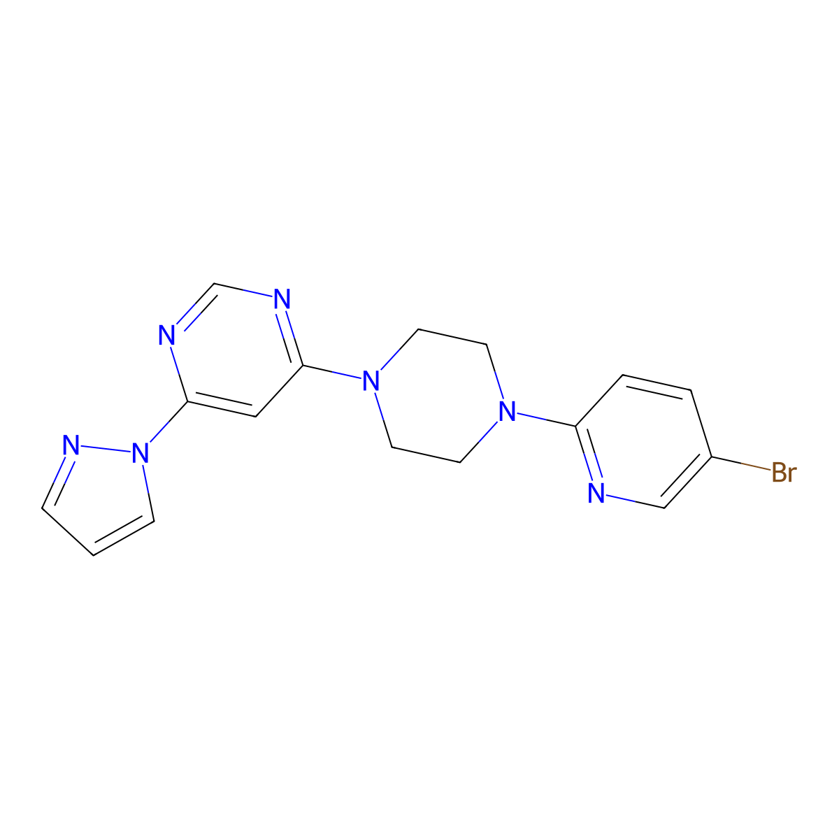 4-[4-(5-bromopyridin-2-yl)piperazin-1-yl]-6-(1H-pyrazol-1-yl)pyrimidine molecular structure, CAS 2877719-24-7