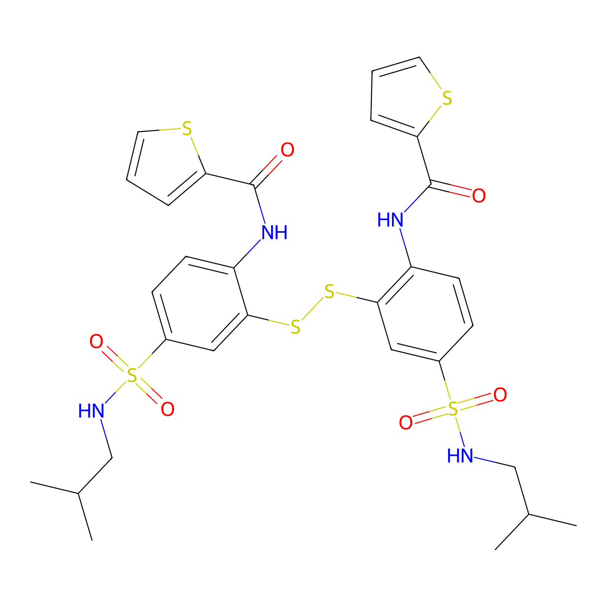 N-{4-[(2-methylpropyl)sulfamoyl]-2-({5-[(2-methylpropyl)sulfamoyl]-2-(thiophene-2-amido)phenyl}disulfanyl)phenyl}thiophene-2-carboxamide molecular structure, CAS 2877719-31-6
