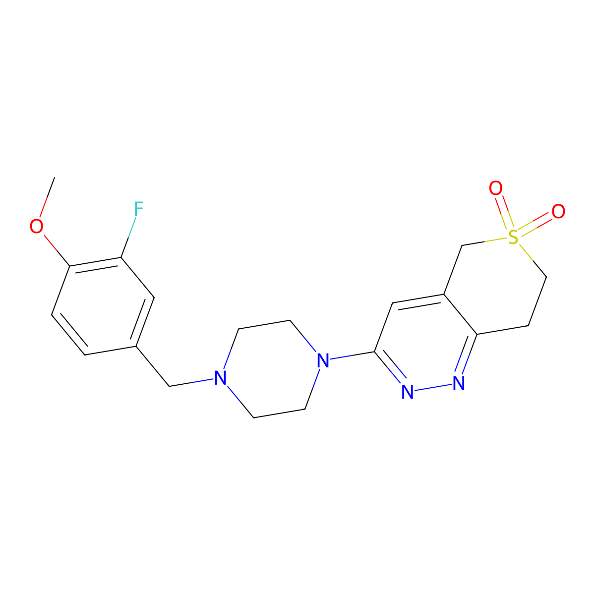3-[4-[(3-fluoro-4-methoxyphenyl)methyl]piperazin-1-yl]-7,8-dihydro-5H-thiopyrano[4,3-c]pyridazine 6,6-dioxide molecular structure, CAS 2877719-35-0