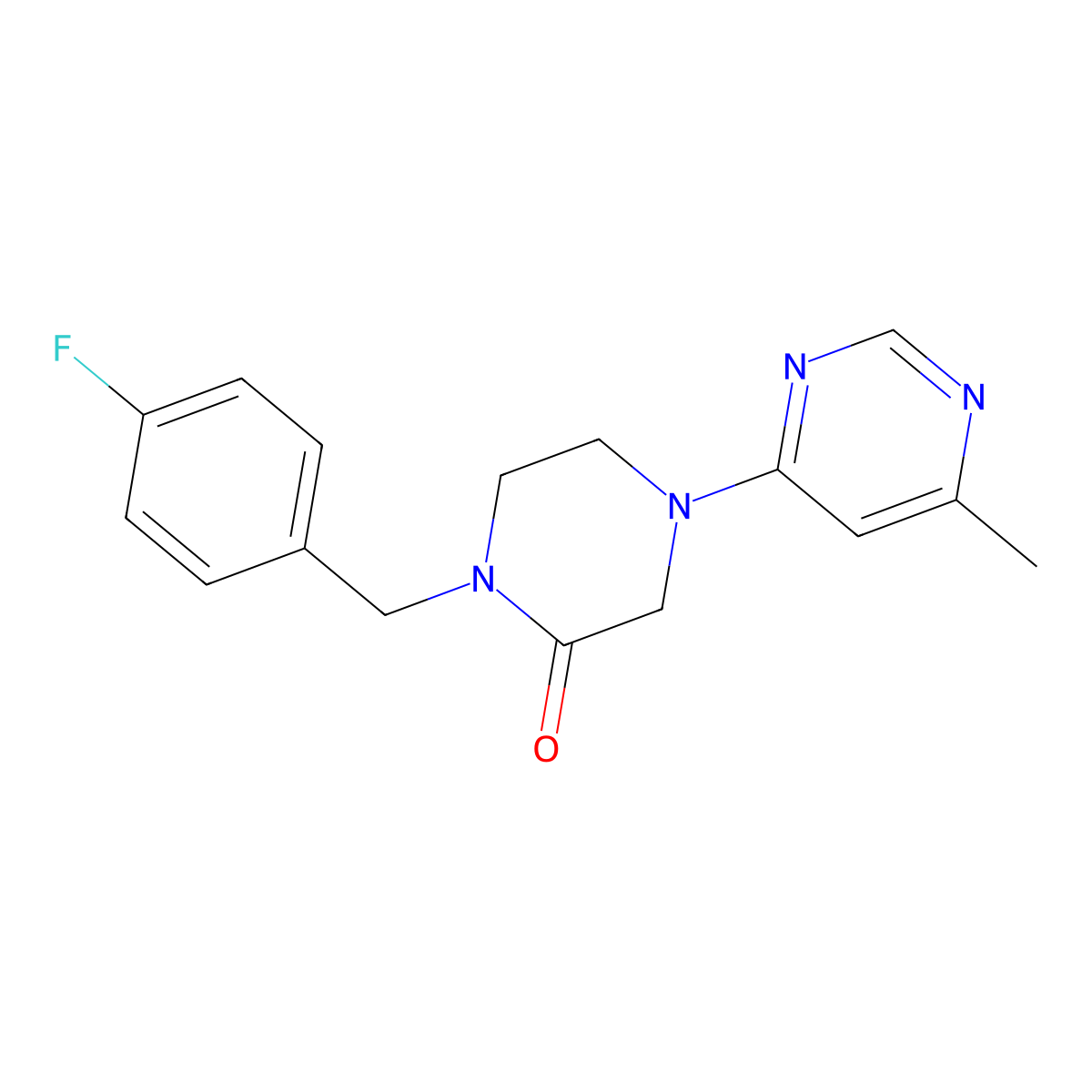 1-[(4-Fluorophenyl)methyl]-4-(6-methylpyrimidin-4-yl)piperazin-2-one molecular structure, CAS 2877719-36-1