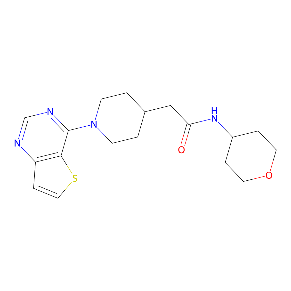 N-(oxan-4-yl)-2-(1-{thieno[3,2-d]pyrimidin-4-yl}piperidin-4-yl)acetamide molecular structure, CAS 2877719-38-3