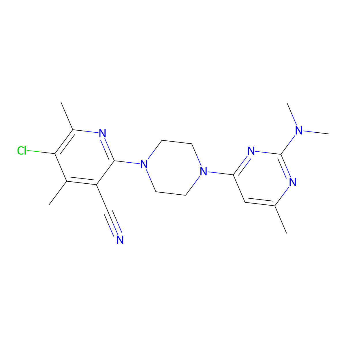 5-Chloro-2-{4-[2-(dimethylamino)-6-methylpyrimidin-4-yl]piperazin-1-yl}-4,6-dimethylpyridine-3-carbonitrile molecular structure, CAS 2877719-39-4