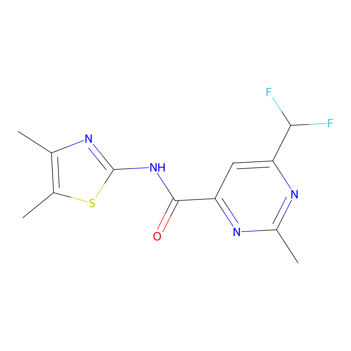 6-(difluoromethyl)-N-(4,5-dimethyl-1,3-thiazol-2-yl)-2-methylpyrimidine-4-carboxamide molecular structure, CAS 2877719-41-8
