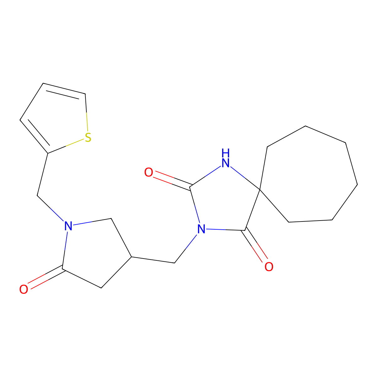 3-({5-Oxo-1-[(thiophen-2-yl)methyl]pyrrolidin-3-yl}methyl)-1,3-diazaspiro[4.6]undecane-2,4-dione molecular structure, CAS 2877719-42-9