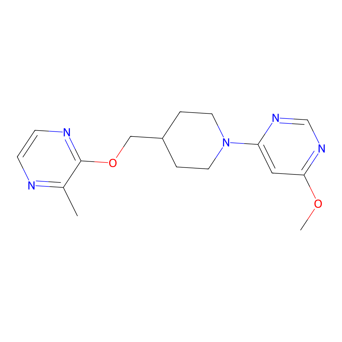 4-Methoxy-6-(4-{[(3-methylpyrazin-2-yl)oxy]methyl}piperidin-1-yl)pyrimidine molecular structure, CAS 2877719-45-2