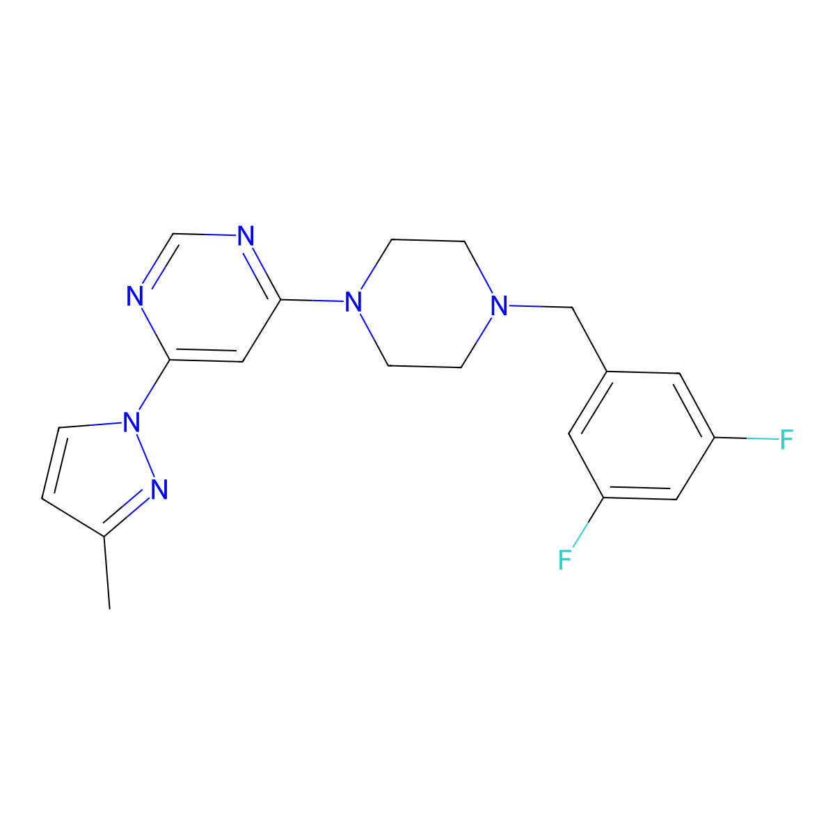 4-{4-[(3,5-difluorophenyl)methyl]piperazin-1-yl}-6-(3-methyl-1H-pyrazol-1-yl)pyrimidine molecular structure, CAS 2877719-50-9
