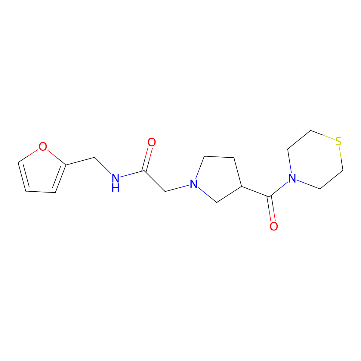 N-[(furan-2-yl)methyl]-2-[3-(thiomorpholine-4-carbonyl)pyrrolidin-1-yl]acetamide molecular structure, CAS 2877719-51-0