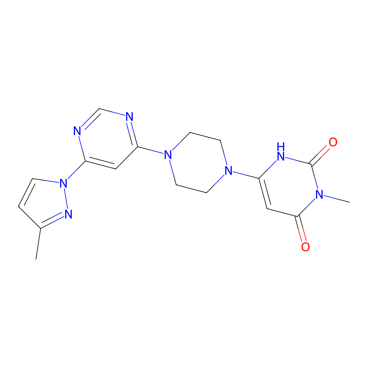 3-methyl-6-{4-[6-(3-methyl-1H-pyrazol-1-yl)pyrimidin-4-yl]piperazin-1-yl}-1,2,3,4-tetrahydropyrimidine-2,4-dione molecular structure, CAS 2877719-55-4